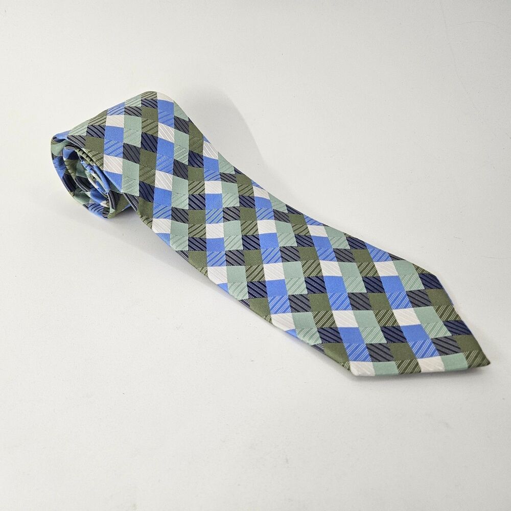 GEOFFREY BEENE Mens Blue Green Beige Geometric Diamond Silk Necktie 4"x59"